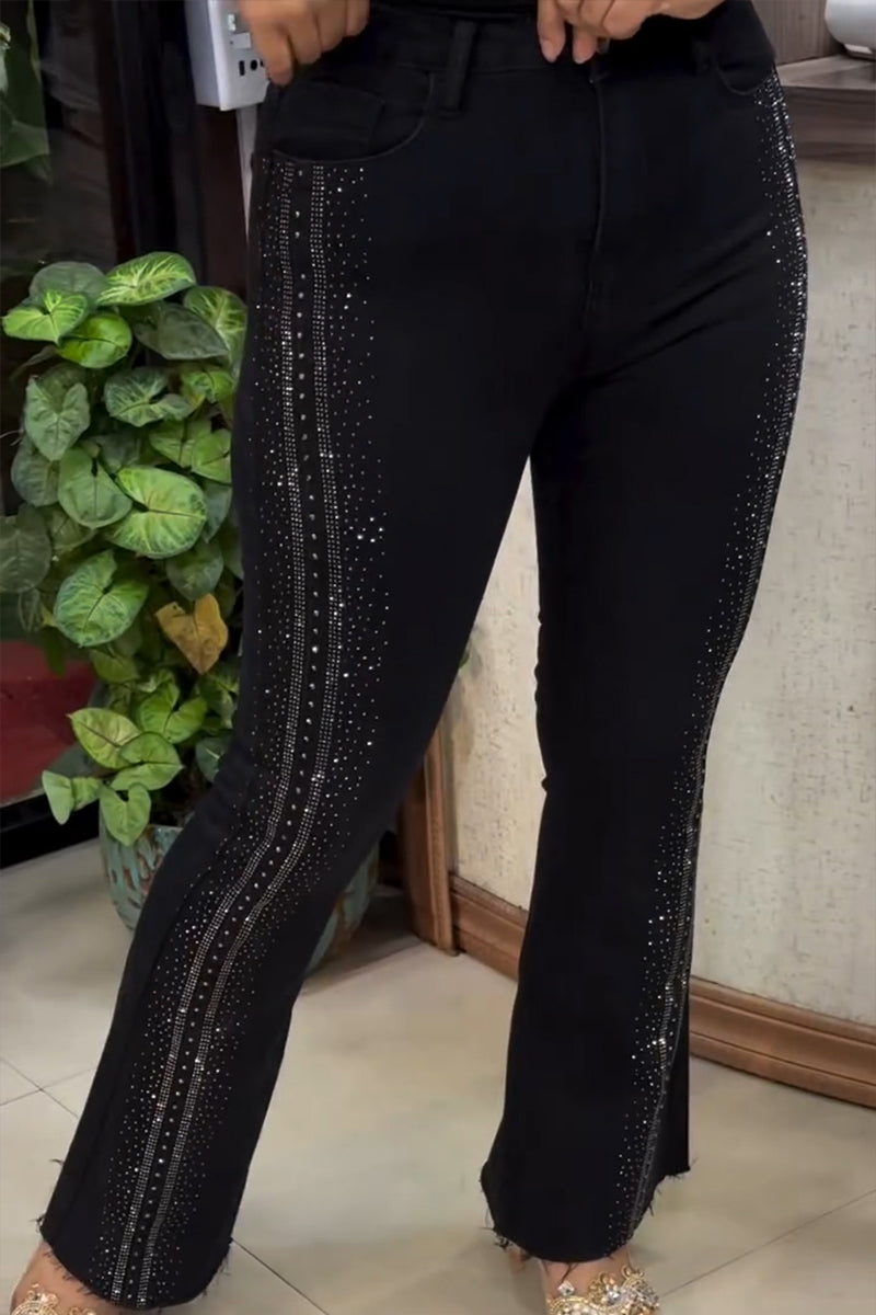 Women's Casual Shiny Rhinestone Straight Jeans