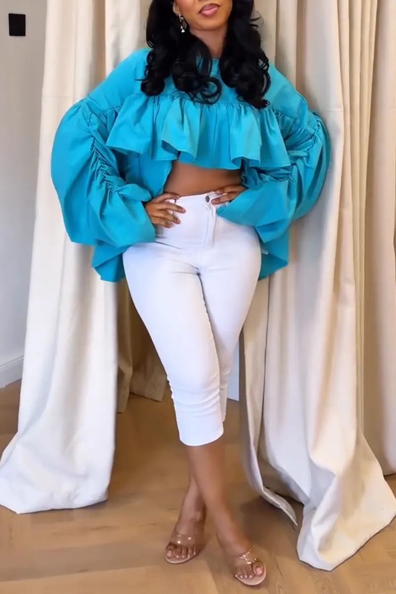 Women's Round Neck Spliced Solid Color Top or Tight Cropped Jeans