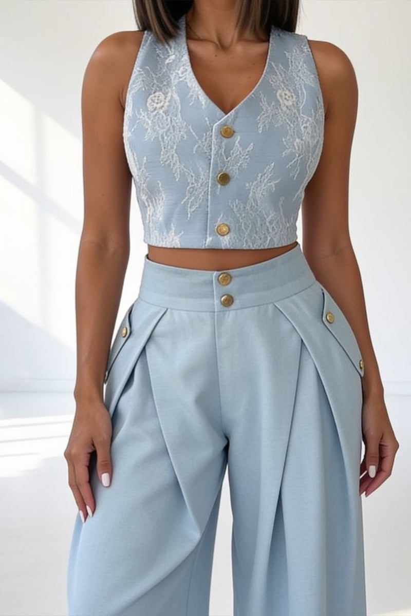 Women's Casual Button Vest Tapered Pants Two-Piece Set