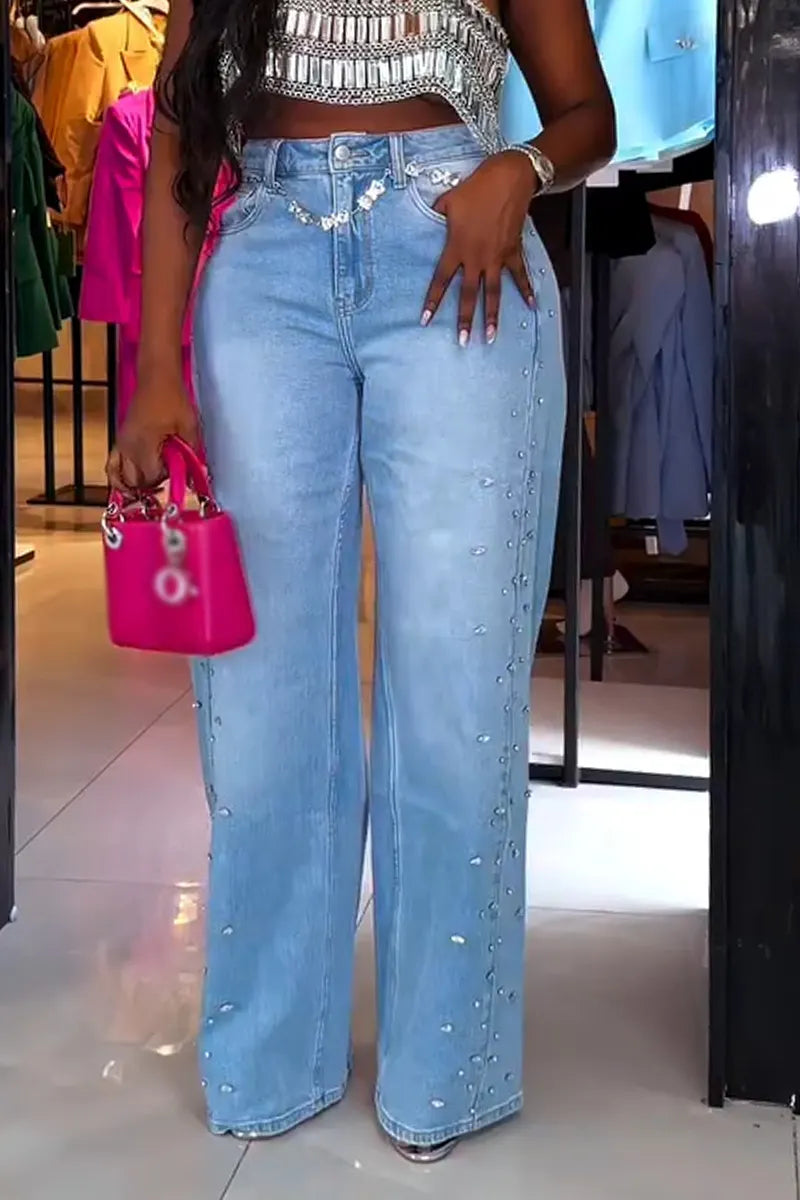Women Rhinestone Washed Casual Wide Leg Jeans