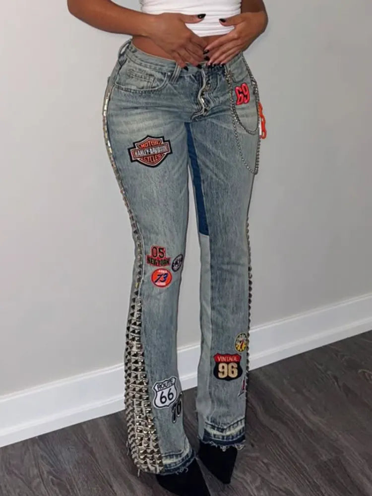 Womens Printed Washed Water Casual Jeans