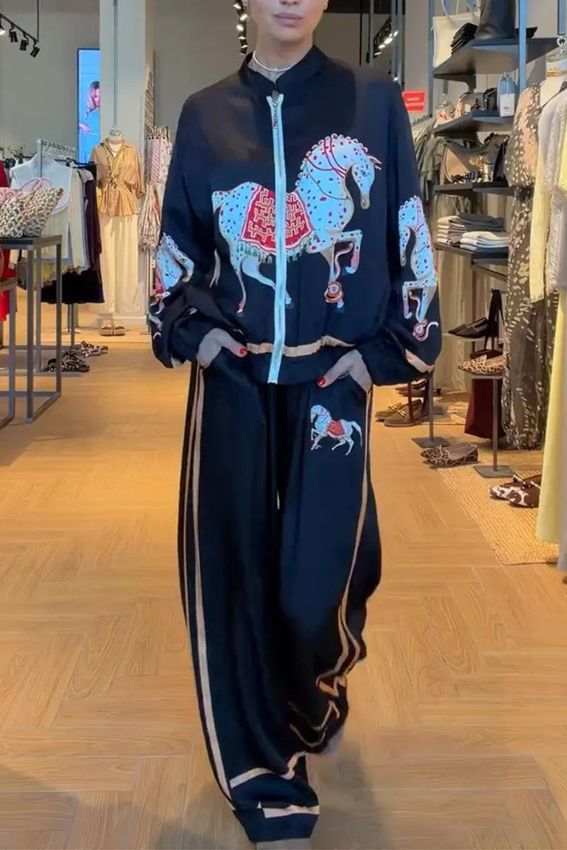 Women Round Neck Pony Print Jacket + Wide Leg Pants Casual Set