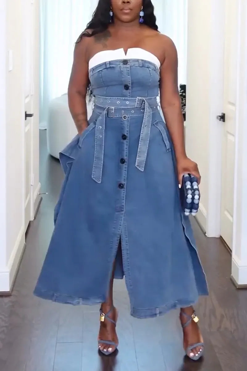 Women's Strapless Patchwork Waist Cinching Slit Casual Denim Dress