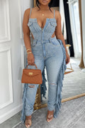 Women's Casual Rhinestone Tassel Suspender Denim Jumpsuit