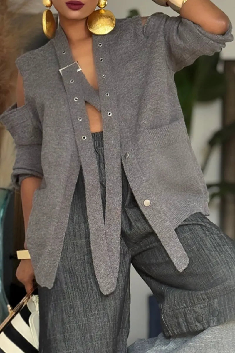 Women's Spliced Casual Knitted Cardigan or Spliced Wide Leg Pants
