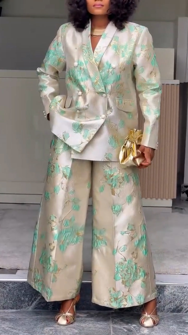 Women Collar Printed Jacket or Printed Wide Leg Pants