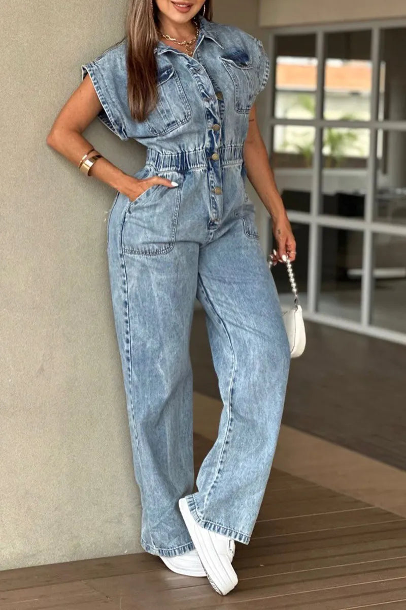 Women's Casual Wide Shoulder Waist Cinching Denim Jumpsuit