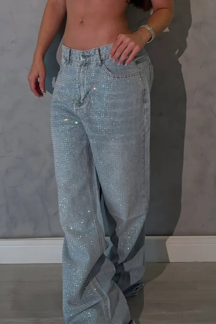 Women's Rhinestone Washed Casual Floor-Length Jeans