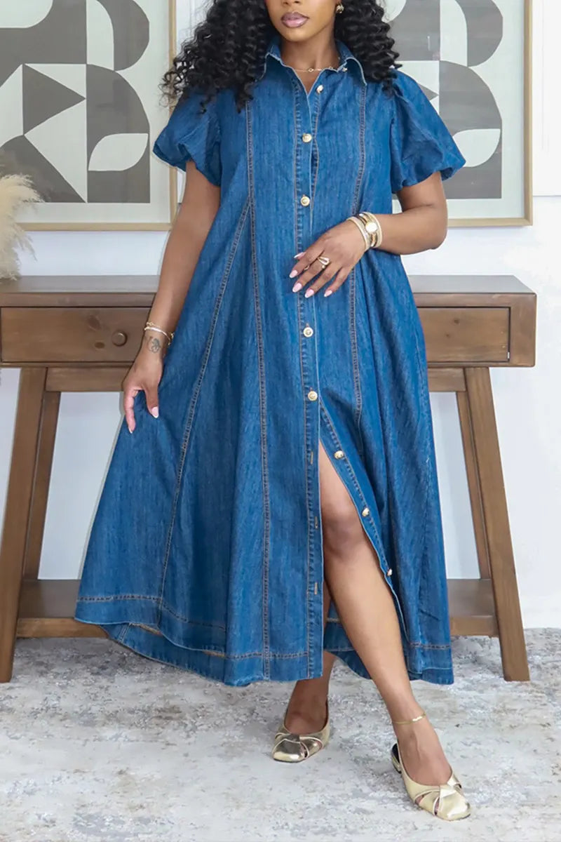 Women's Casual Lapel Puff Sleeve Loose Denim Maxi Dress
