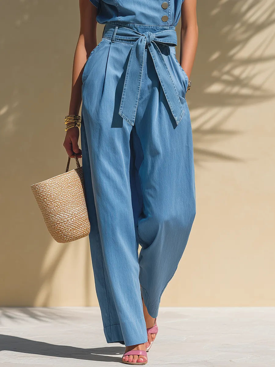 Trendy Vacation Sleeveless Top And Wide-leg Pants Denim Set