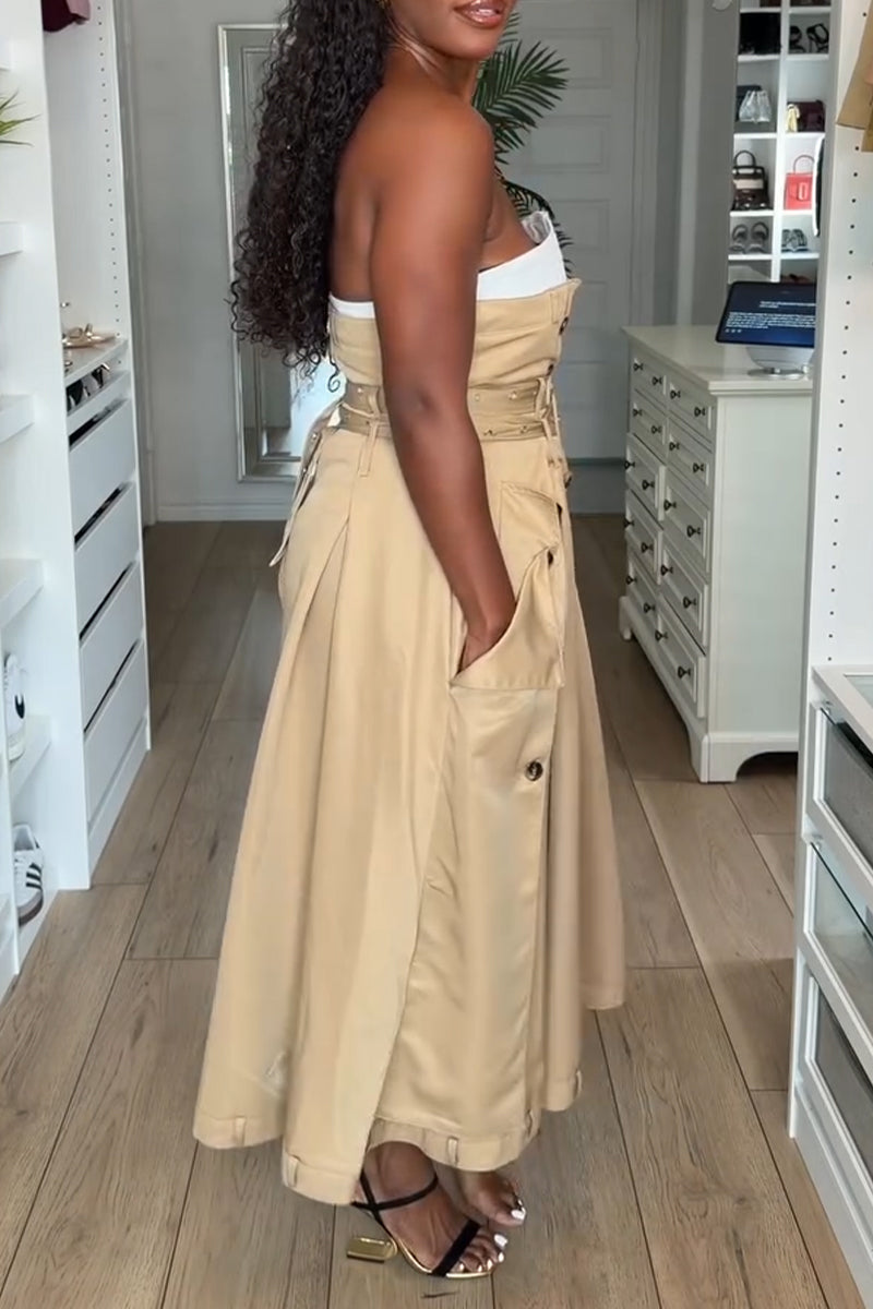 Women's Strapless Patchwork Double Breasted Elegant Temperament Dress