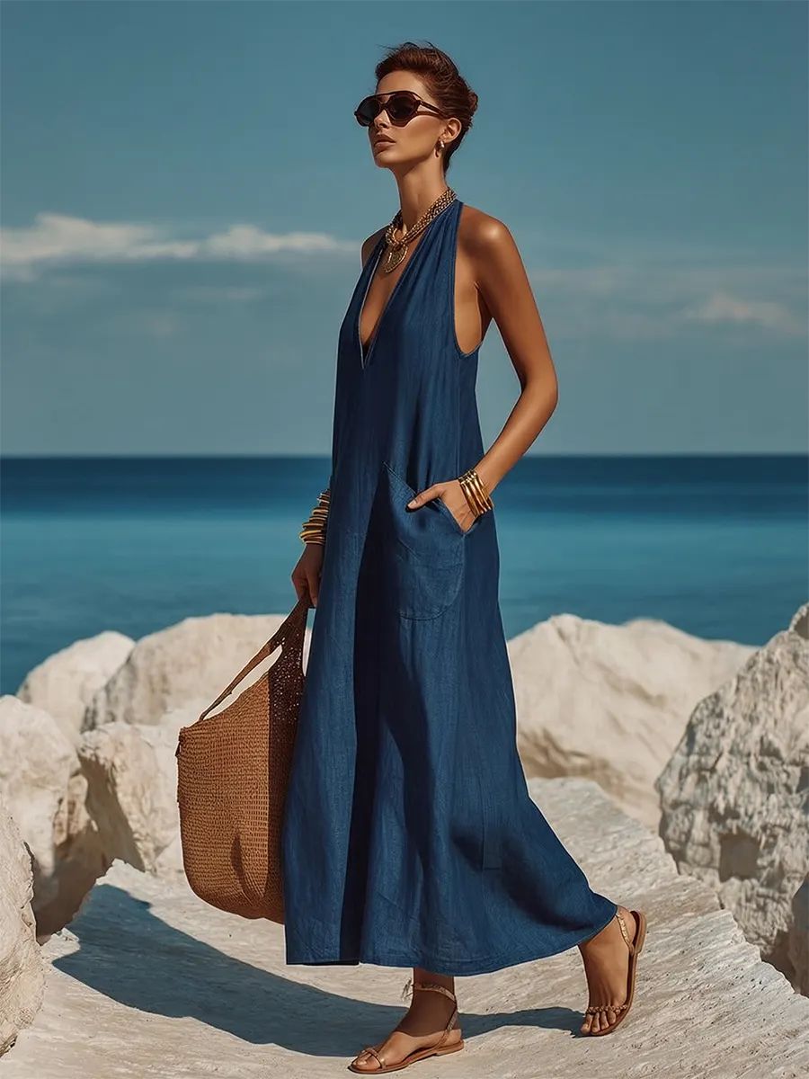 Minimalist Vacation V-neck Sleeveless Tencel Denim Maxi Dress