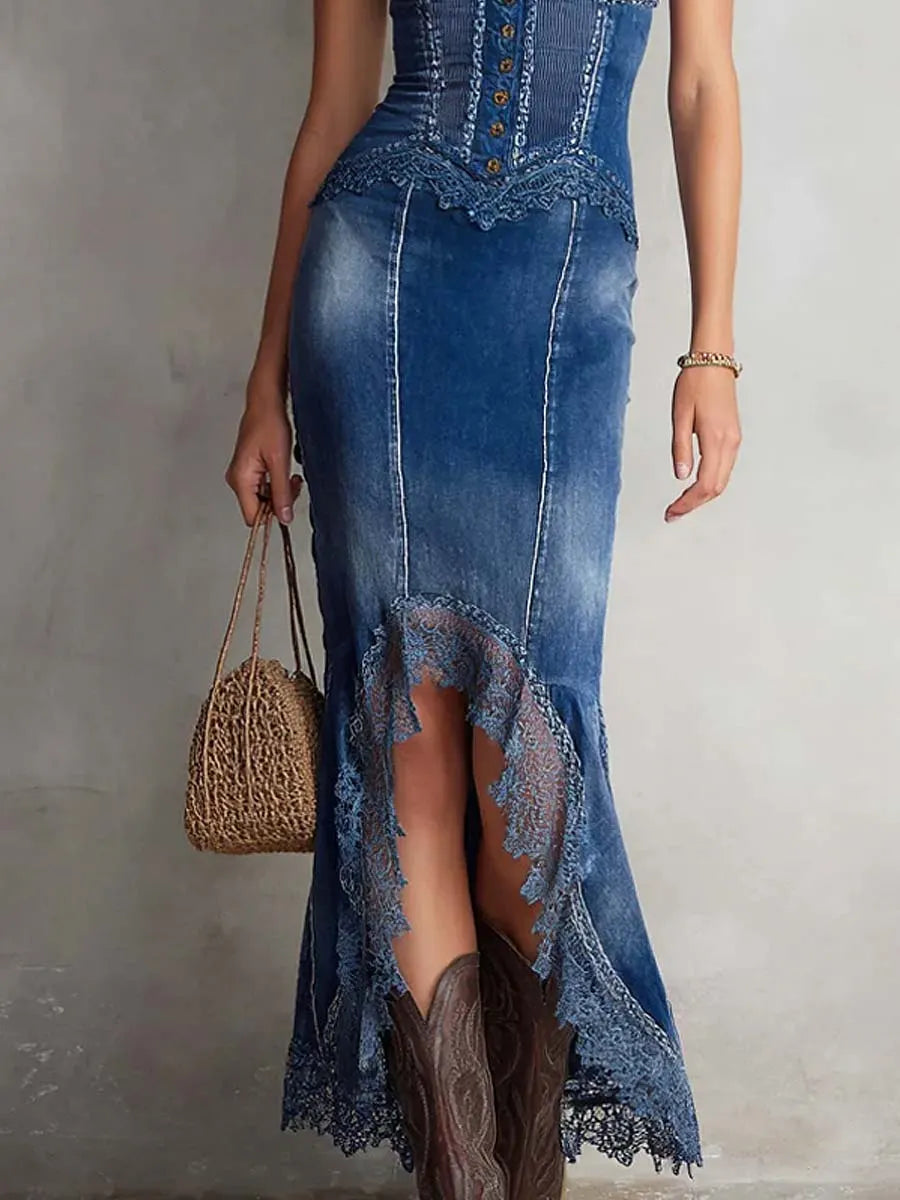Women's Retro Lace Denim Patchwork Art Stylish Casual No Sleeve Dress