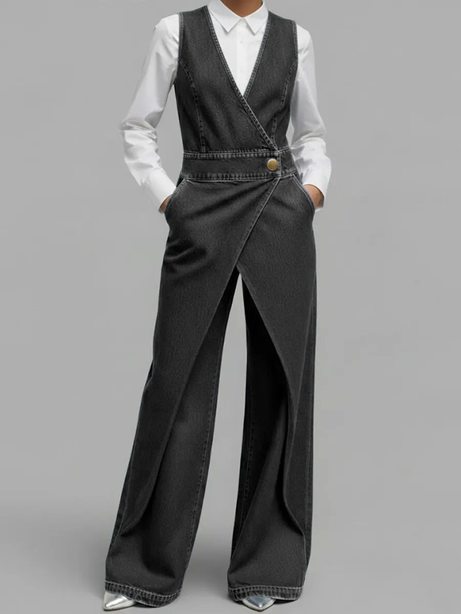 Women's V-neck Sleeveless Casual Loose Denim Wide-leg Jumpsuit