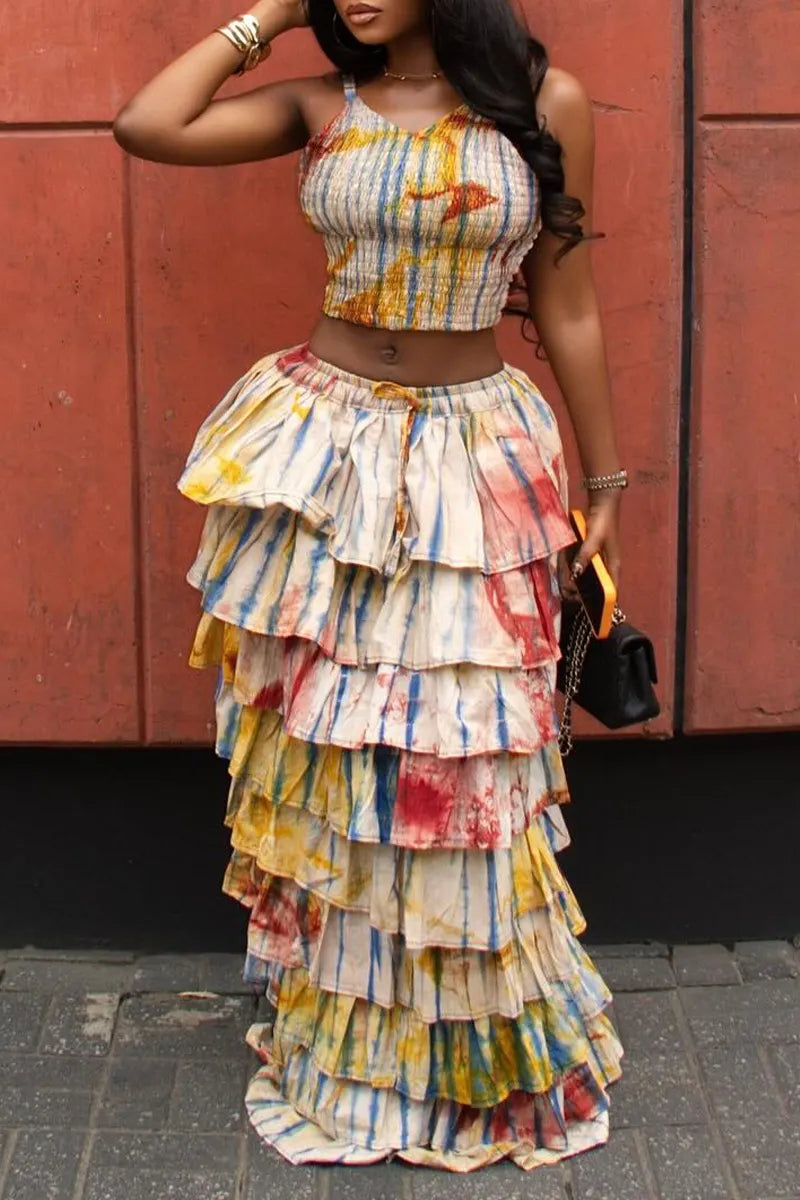 Women's Tie-Dye Spaghetti Strap Crop Top Or Layered Ruffle Skirt