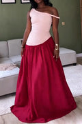 Women Oblique Shoulder Patchwork Waist Cinching Elegant Temperament Dress