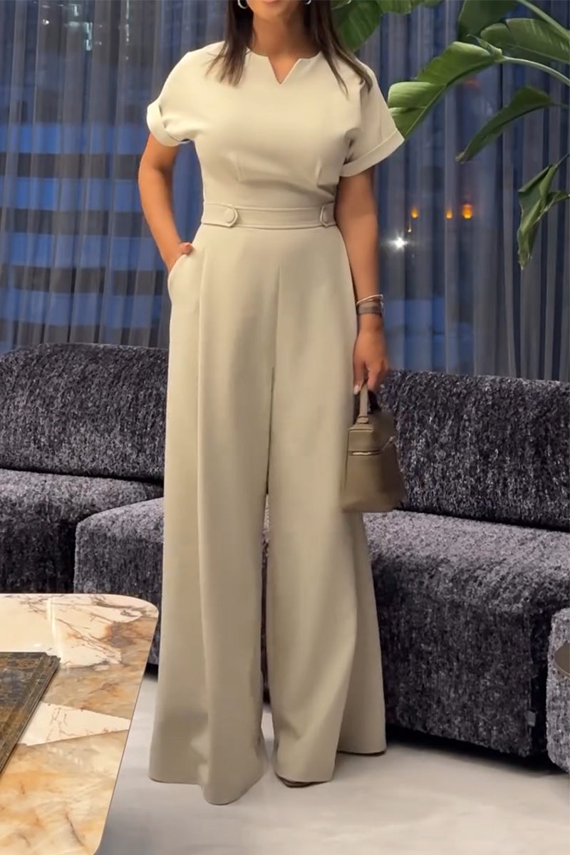Women's Round Neck Waist Cinched Solid Color Casual Jumpsuit with Temperament