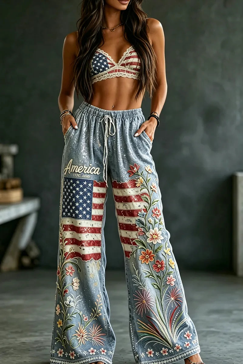 Women's Casual Embroidered Pattern Print Rhinestone Jeans