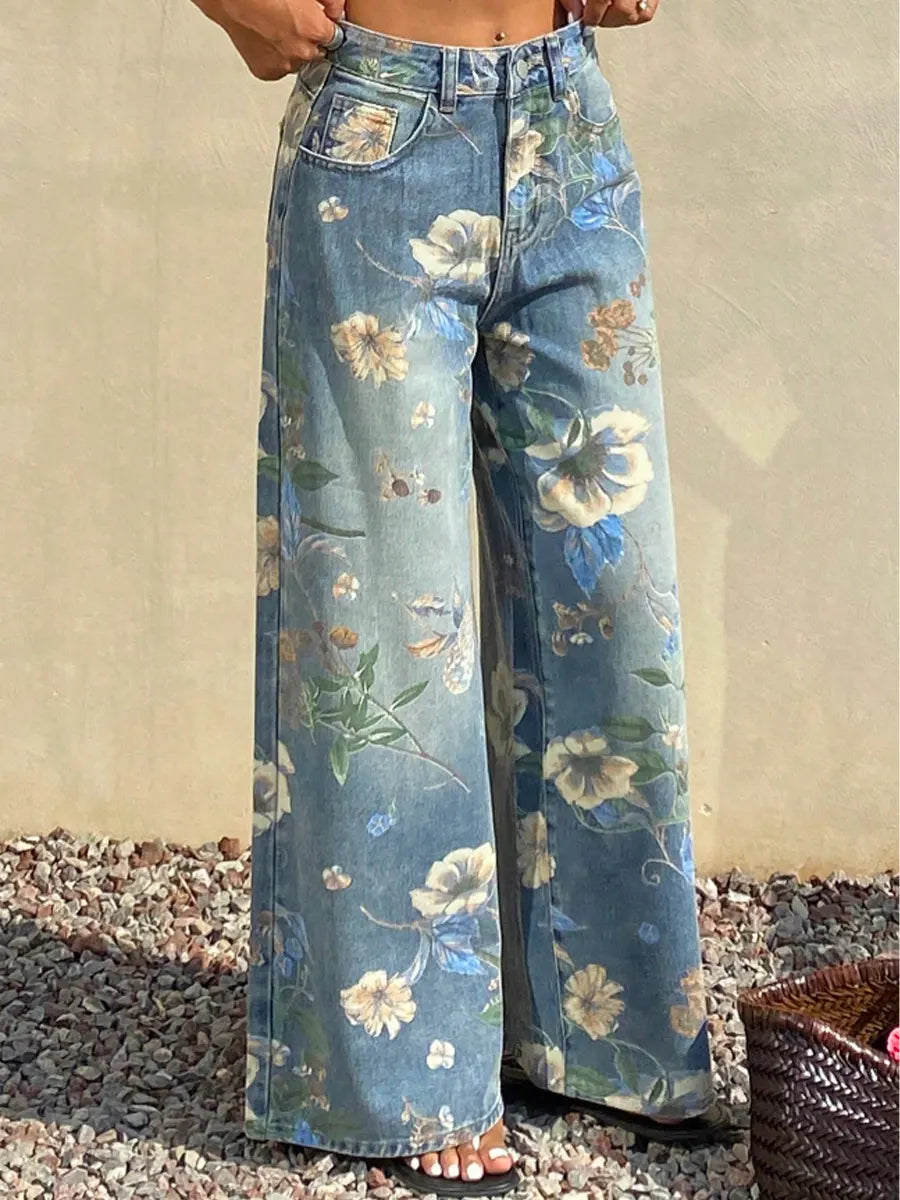 Women's Vintage Floral Pattern Art Print Casual Cotton Denim Jeans