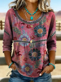Women's Color Flower Print Gradient Floral Casual Short Sleeves Denim Shirt