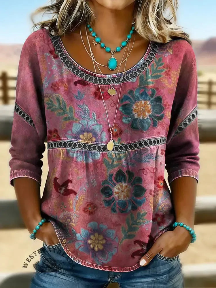 Women's Color Flower Print Gradient Floral Casual Short Sleeves Denim Shirt