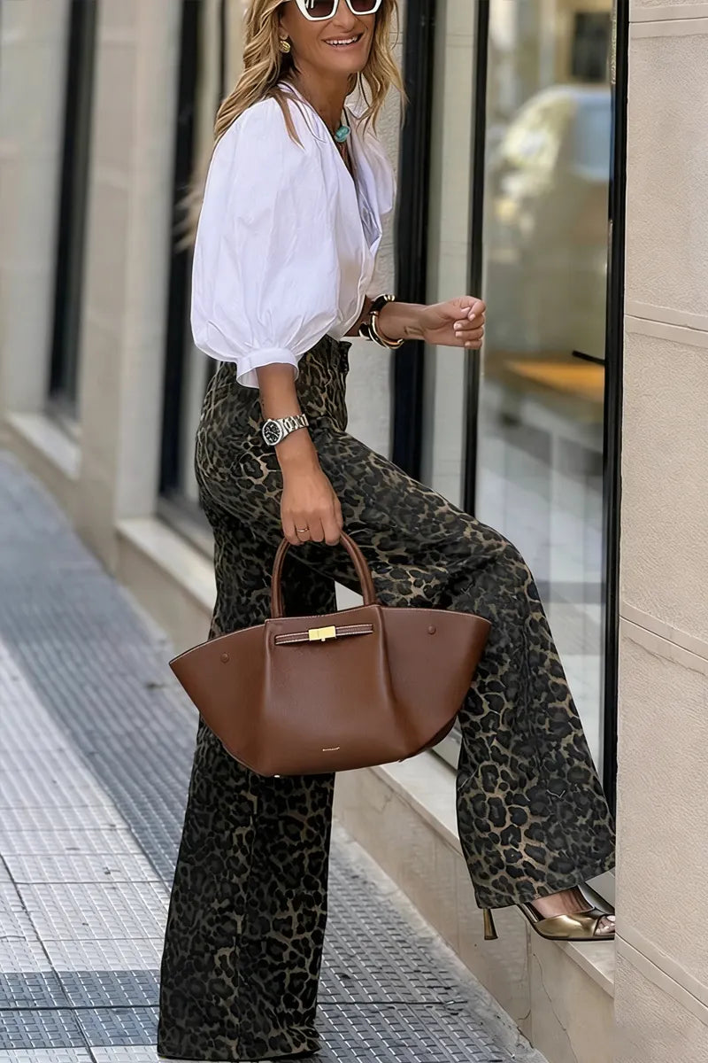Women's Casual Denim Leopard Print High Waisted Wide Leg Pocket Jeans