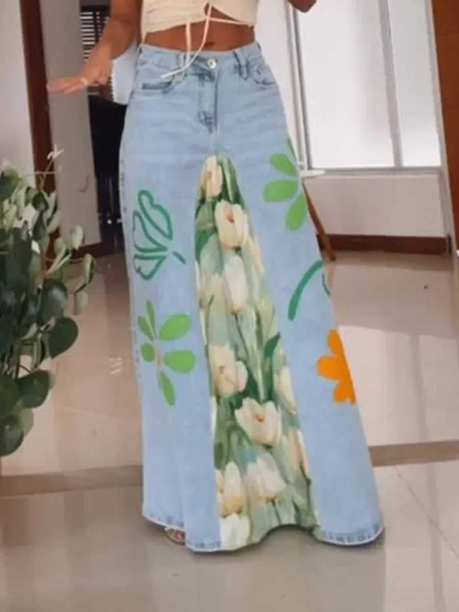 Women's Casual And Fashionable Patchwork Floral Print Denim Skirt