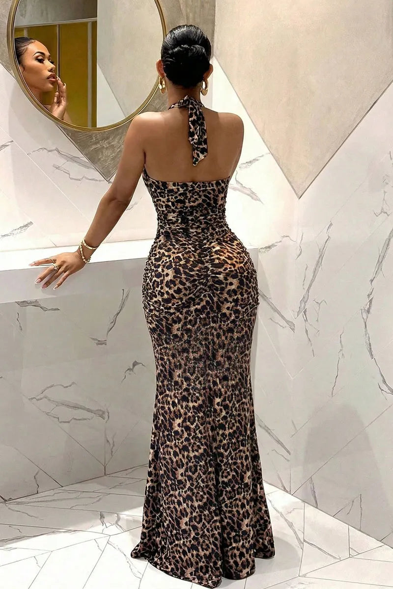 Leopard Print Halter Neck Maxi Dress with Deep Plunging V-Neck