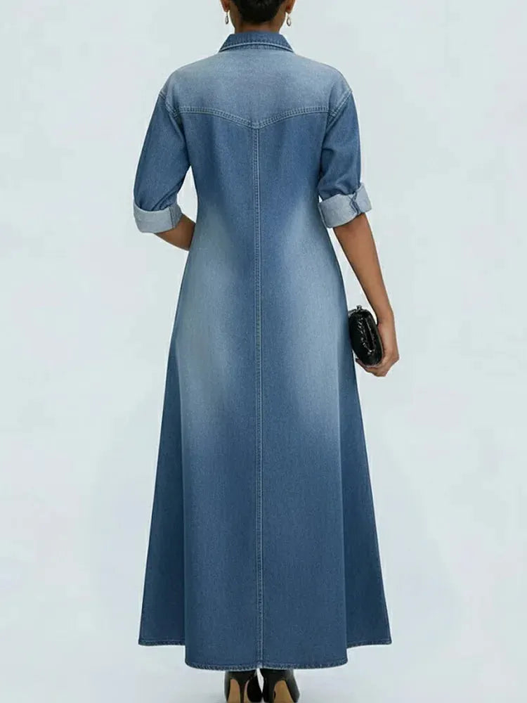 Women's Lapel Long-sleeved Button Casual Loose Denim Shirt Dress