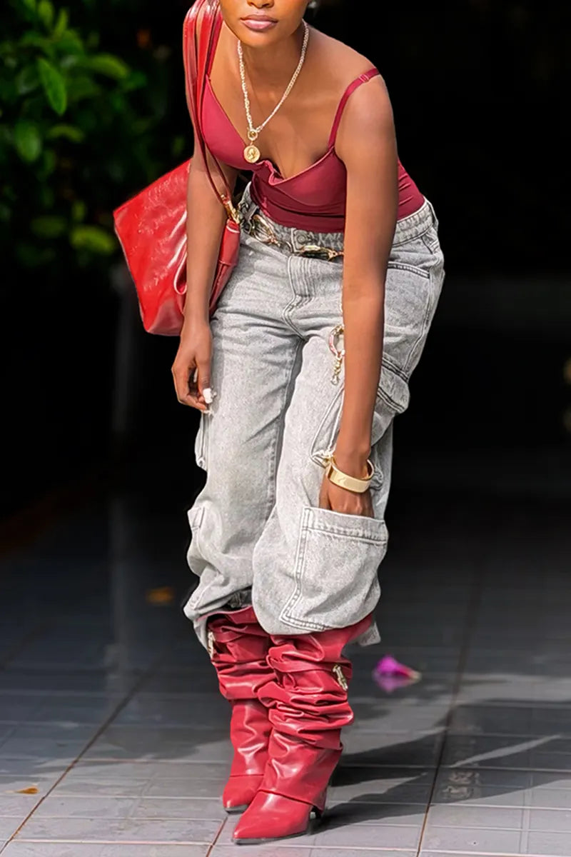 Women's Fashion Washed Cargo Wide Leg Jeans