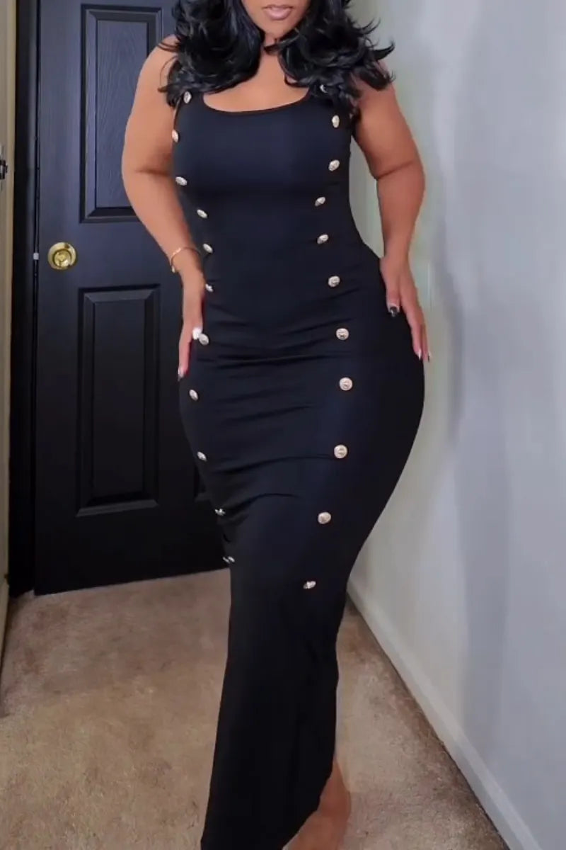 Women's U-neck Metal Buckle Decoration Slim and Sexy Dress