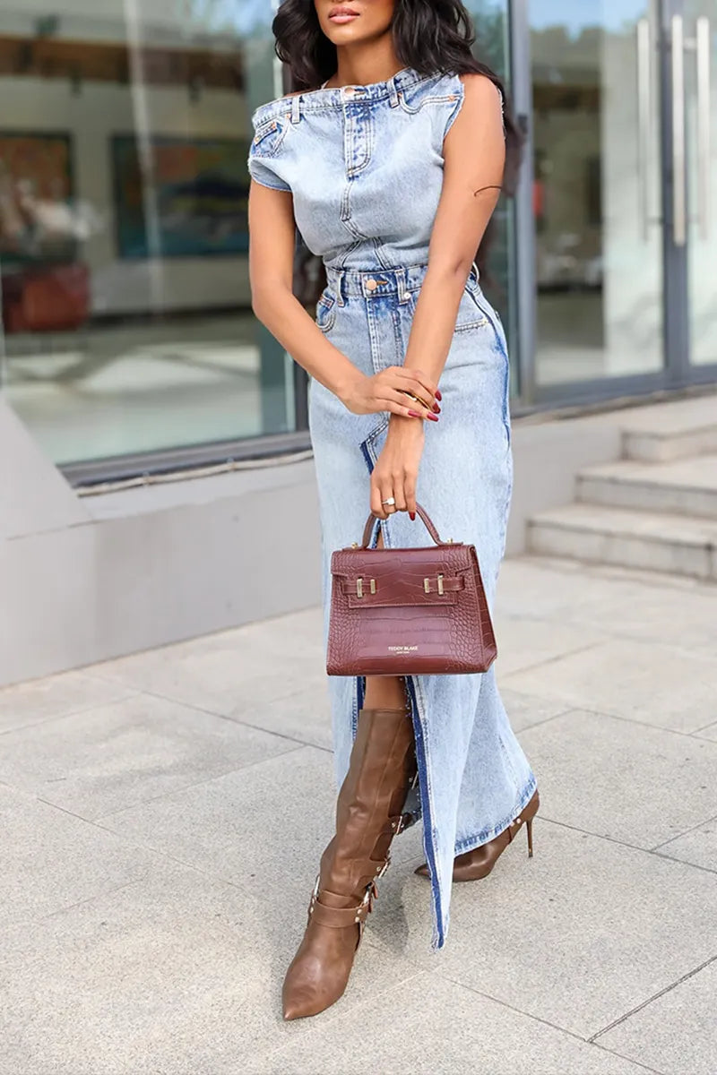 Women's Street Fashion One Shoulder Slit Denim Dress