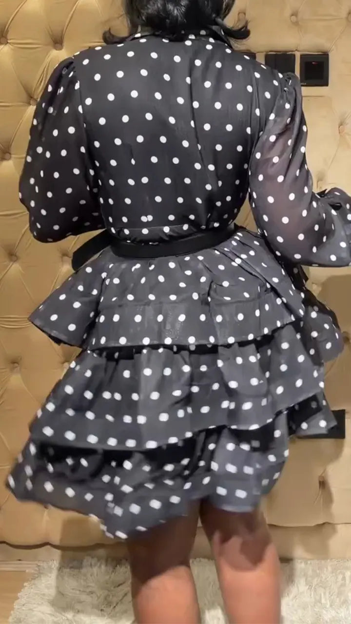 Women Collar Splicing Waist Cinching Polka Dot Printed Casual Dress