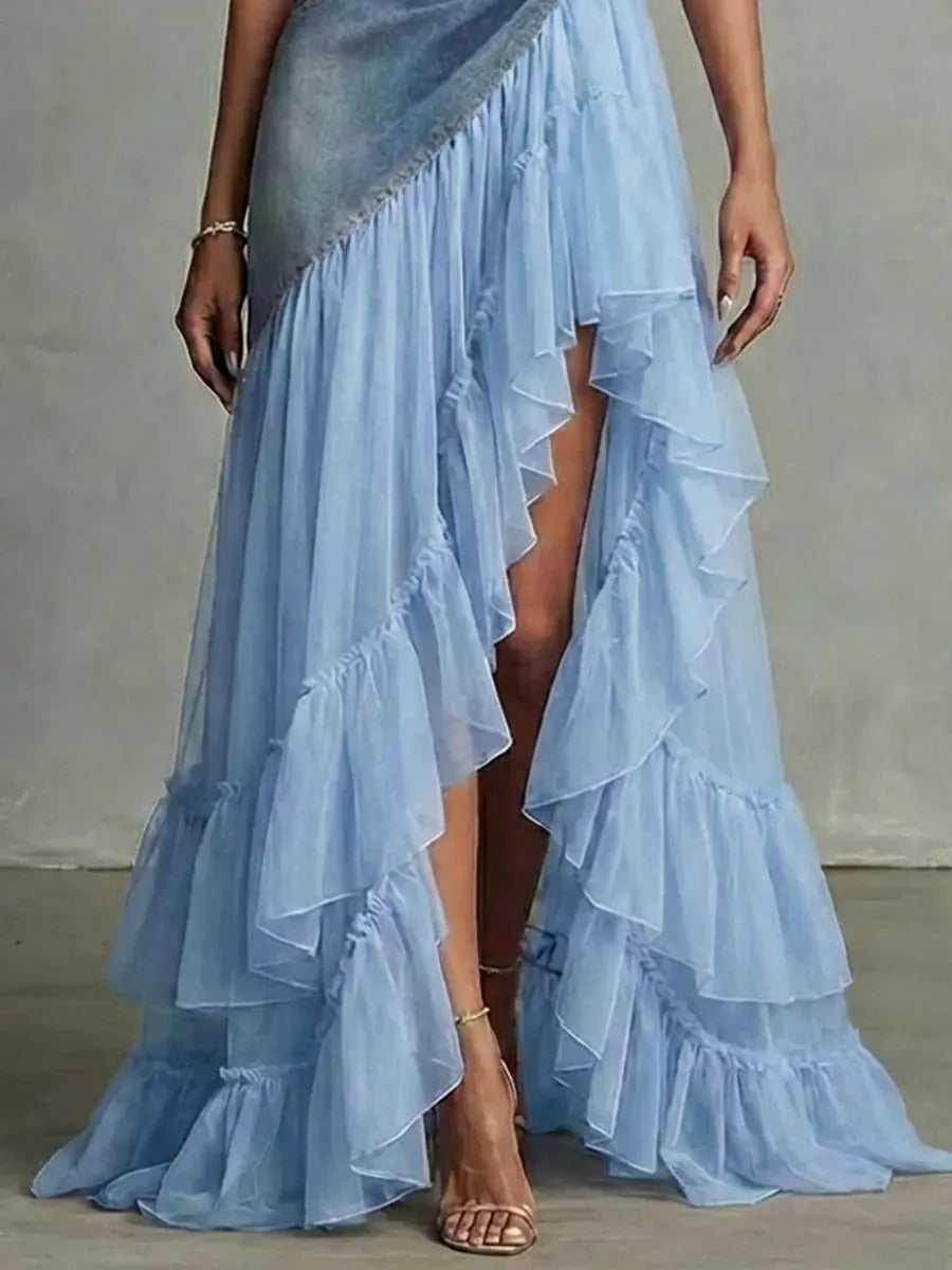 Women's Retro Denim Organza Patchwork Art Casual Maxi Dress