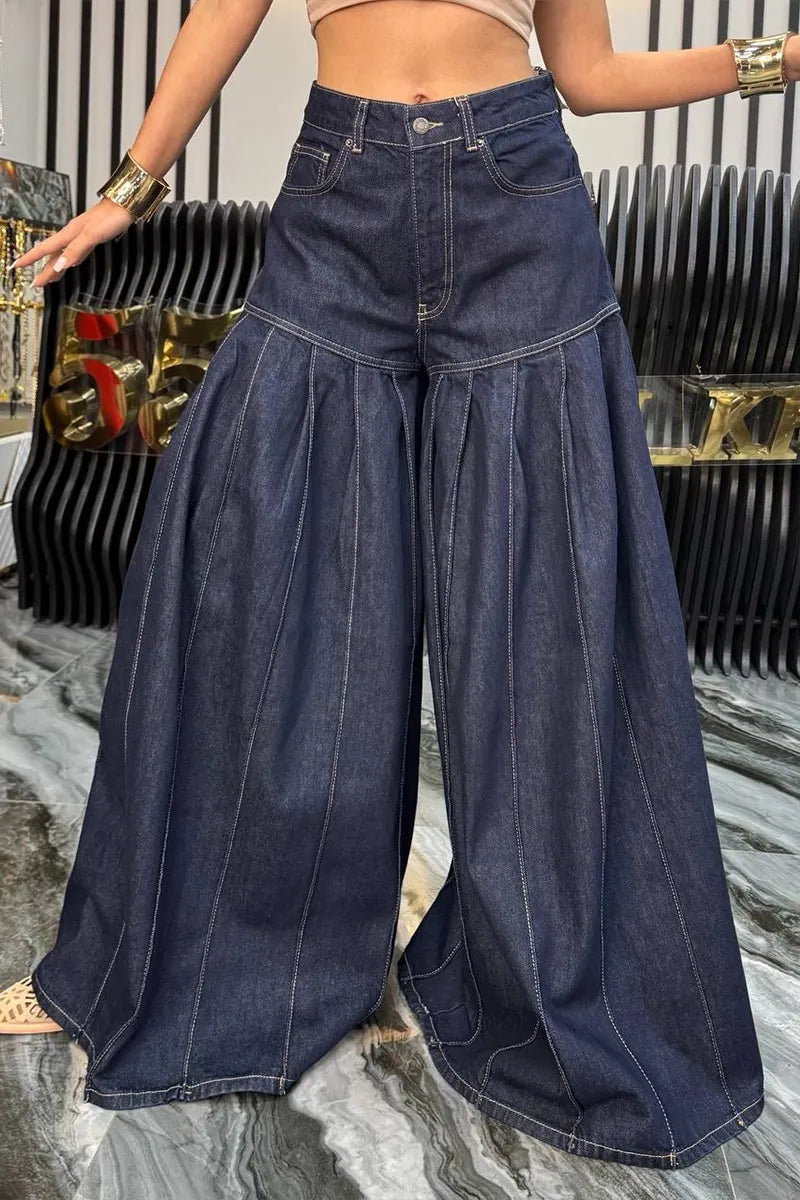 Women's Casual Pleated Loose Wide Leg Jeans
