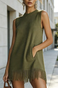 Women's Round Neck Sleeveless Patchwork Tassel Casual Knit Dress