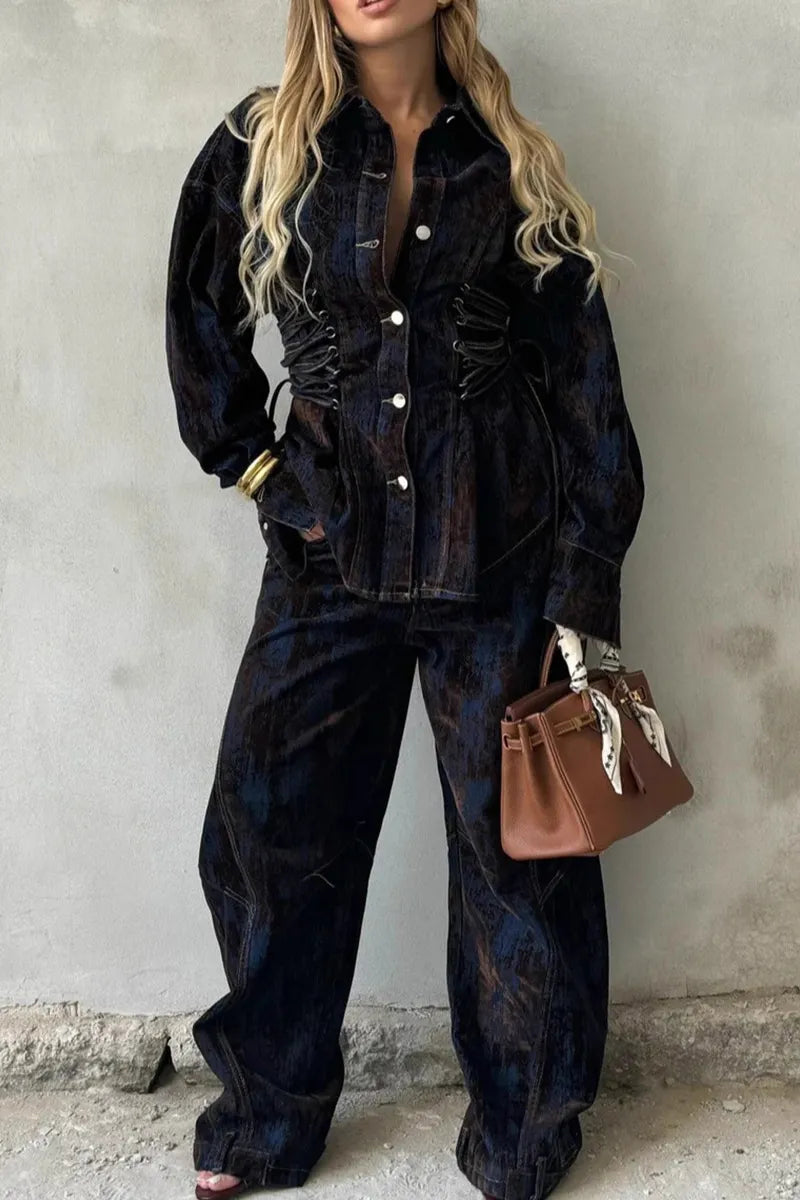Women's Printed Contrast Lace-Up Denim Jacket And Jeans Sets