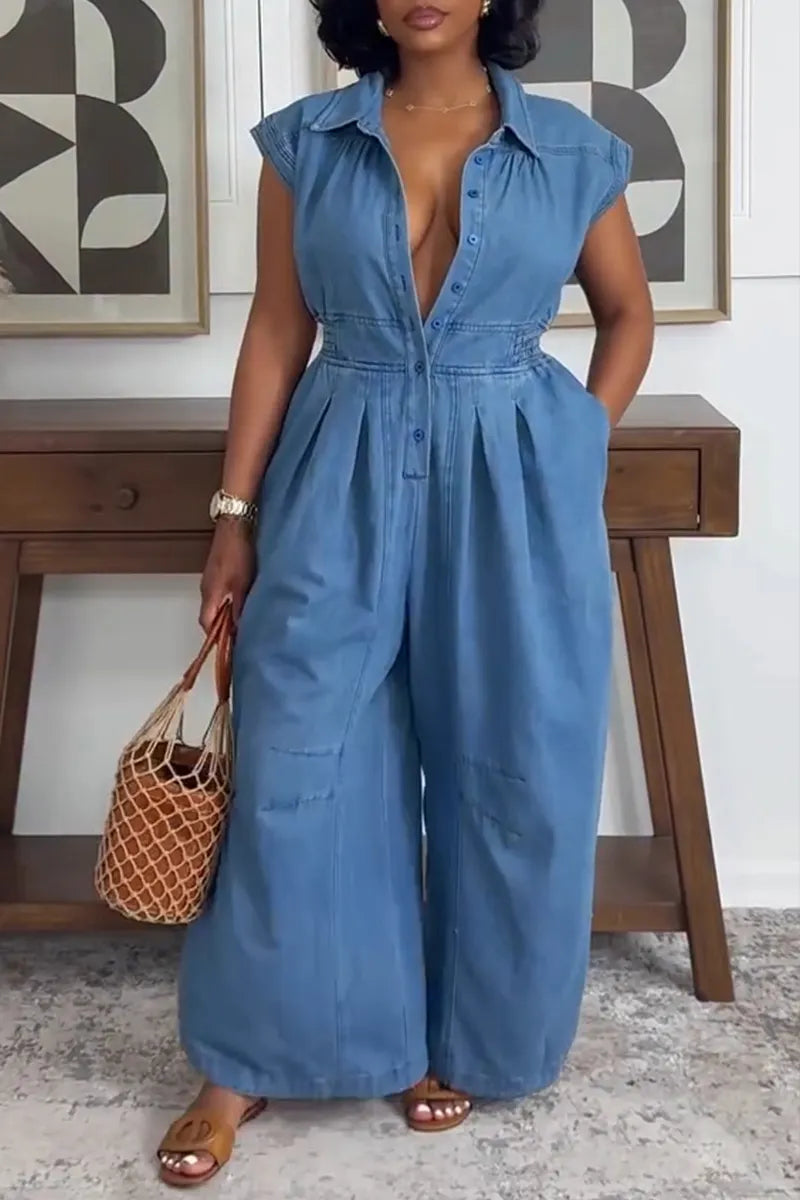 Women's Casual Wide Shoulder Hem Drawstring Denim Jumpsuit