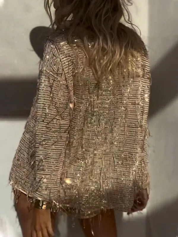 Women's Round Neck Tassel Sequined Casual Suit