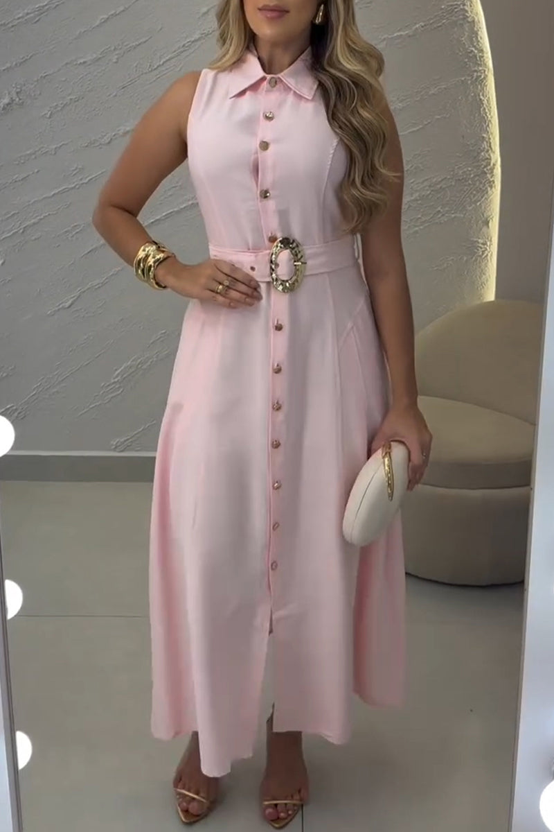 Women's Casual Button Sleeveless Midi Dress with Belt