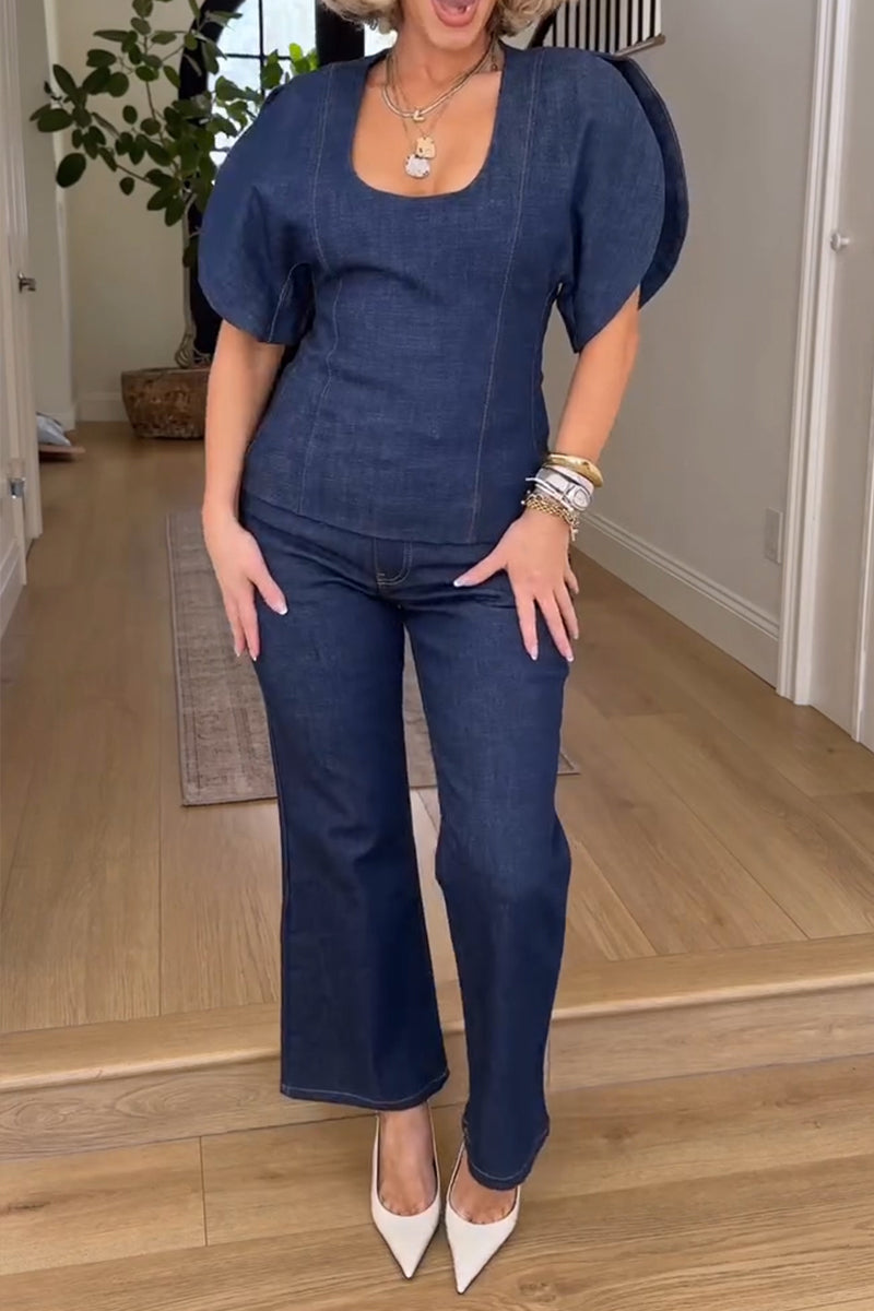 Women's Casual Curved Sleeve Denim Top or Ankle Jeans
