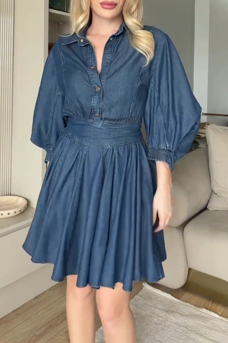 Women's Casual Puff Sleeve Waist Cinching Denim Mini Dress