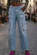 Ladies' Casual And Fashionable Low Rise Regular Jeans With Perforated Pateh Design