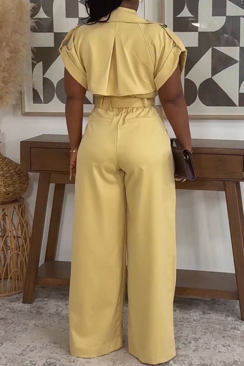 Women's Casual Commuter Lapel Double-Breasted Long Jumpsuit with Belt