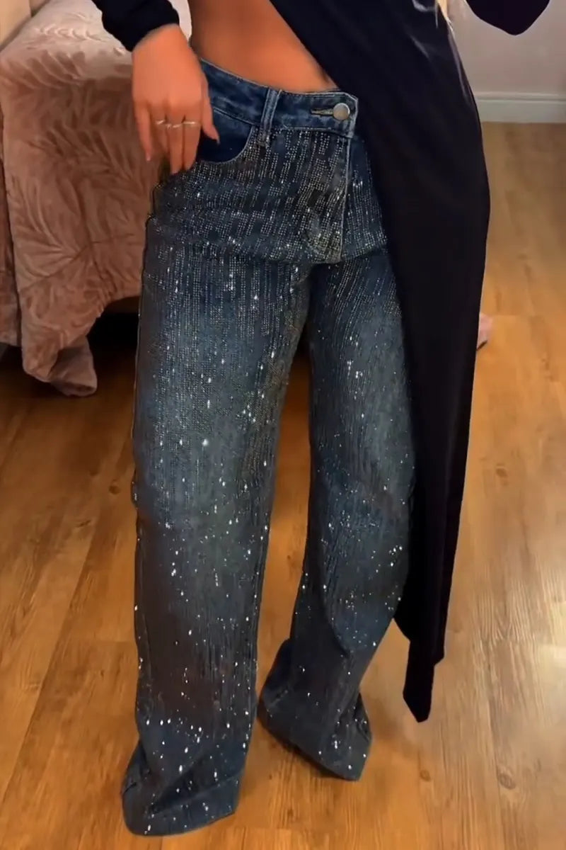 Women's Fashion Sparkly Rhinestone Decor Wide Leg Jeans