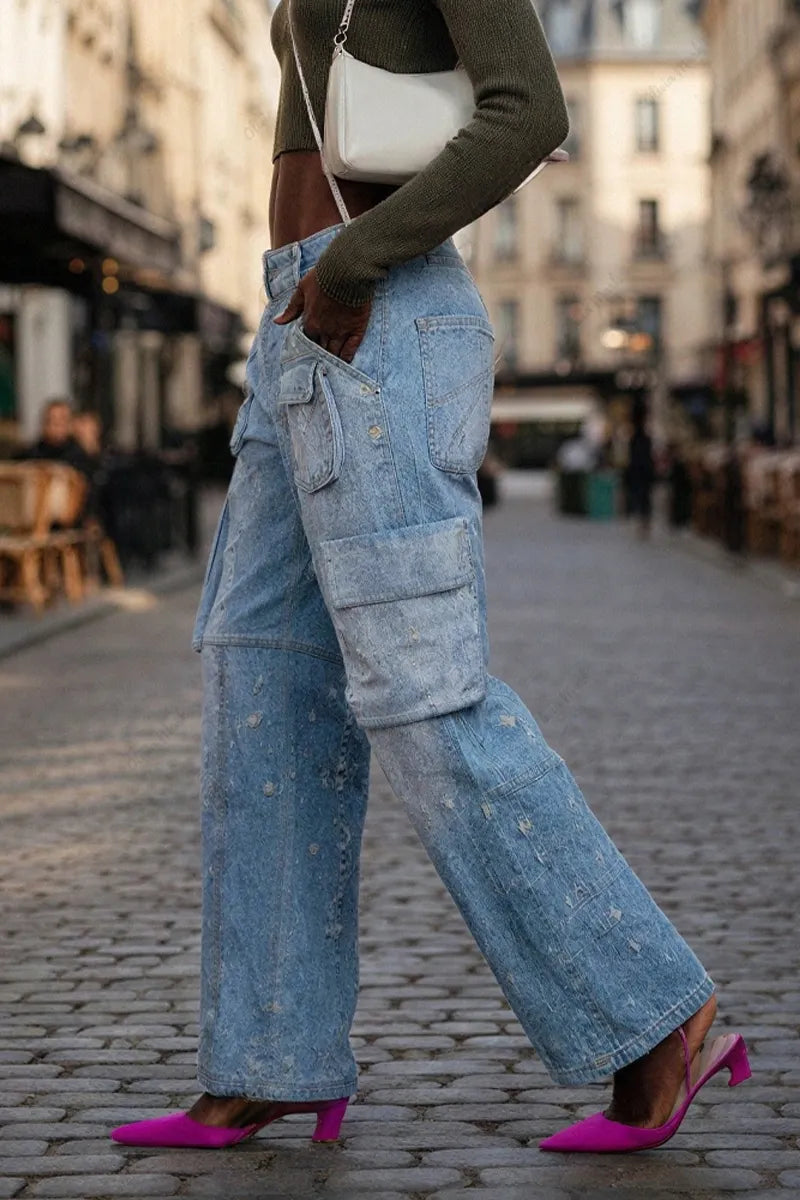 Ladies' Casual And Fashionable Low Rise Regular Jeans With Perforated Pateh Design