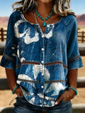 Women's Denim-wash Visual Print Casual Hollow-out Denim Shirt