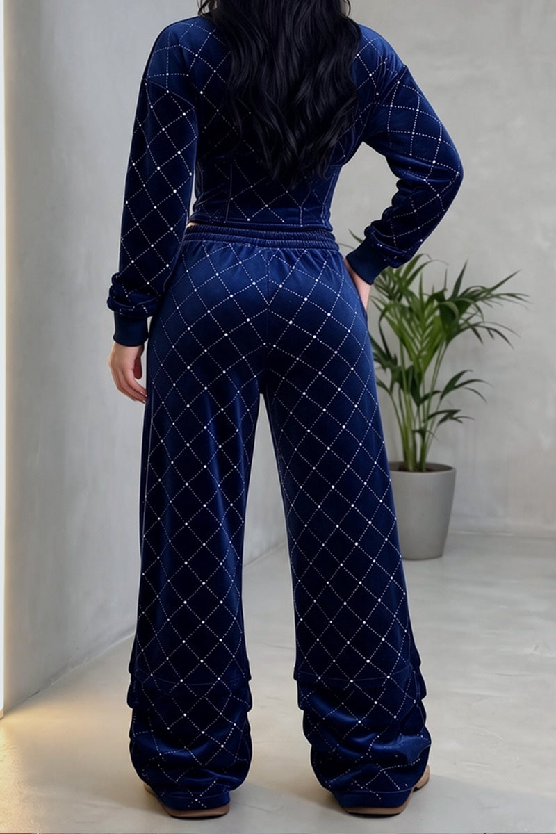 Women's Elegant Lace Up Hooded Velvet Diamond Quilted Navy Blue Hoodie or Pants