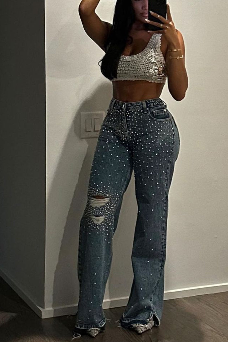 Ladies' Hot Selling Casual Rhinestone Flared Jeans