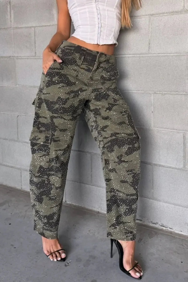 Women's Casual Rhinestone Camo Cargo Pants